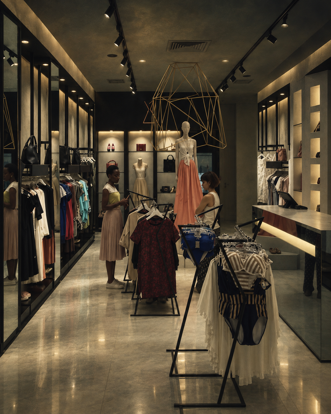 La première boutique de Chloé Sasaa : des portants de robes, une cliente qui choisit, une lumière chaude du soir.